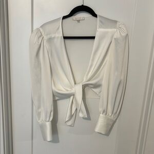 White Plunge V-Neck Tie-Front Blouse